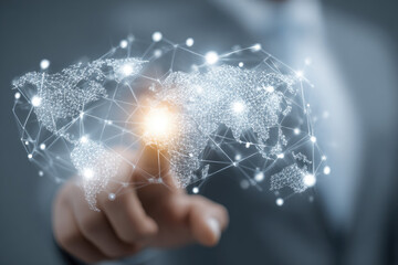 Businessman touch virtual global network and data exchanges with Global Internet connection metaverse.IoT (Internet of Things) concept. ICT (Information Communication Technology).