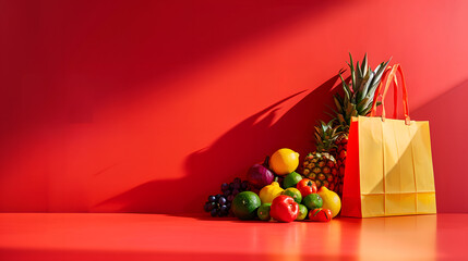 Colorful tropical fruits with a yellow bag on a plain red background. Minimalist food photography, top-down flat lay. Perfect for packaging, menu design, and food posters.