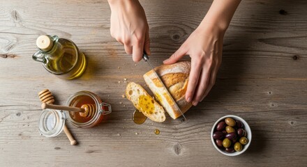 Freshly Sliced Bread with Olive Oil Honey and Olives