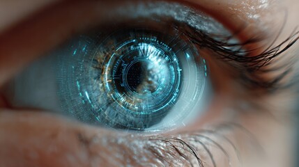 Macro Shot of Human Eye with Futuristic Glowing Iris Scan Interface
