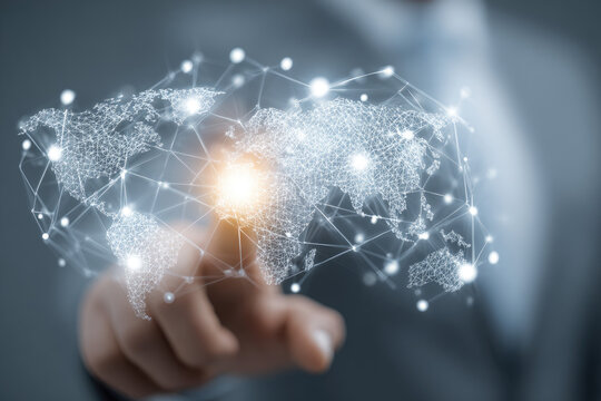 Businessman touch virtual global network and data exchanges with Global Internet connection metaverse.IoT (Internet of Things) concept. ICT (Information Communication Technology). - Powered by Adobe