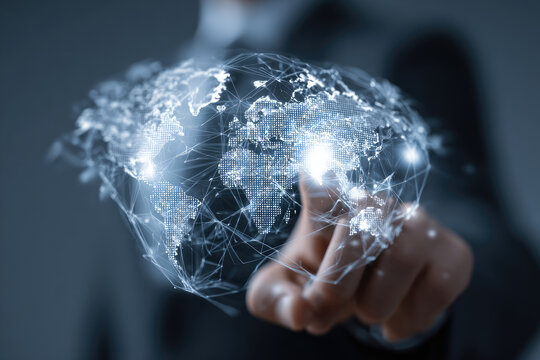 Businessman touch virtual global network and data exchanges with Global Internet connection metaverse.IoT (Internet of Things) concept. ICT (Information Communication Technology).