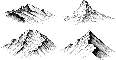 Collection of mountain ranges, hand drawn in black and white, peaks, ridges, and valleys in nature