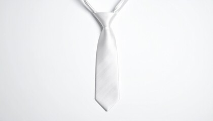 A pristine white necktie, neatly tied and presented on a minimalist white background, embodying classic elegance and formal sophistication for special occasions and professional attire