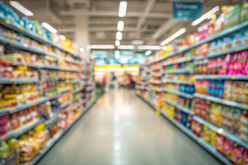 Naklejka premium Supermarket convenience store aisle shelves interior blur for background