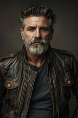 Obraz premium Dramatic Portrait of Middle-Aged Man in Leather Jacket with Rugged Beard