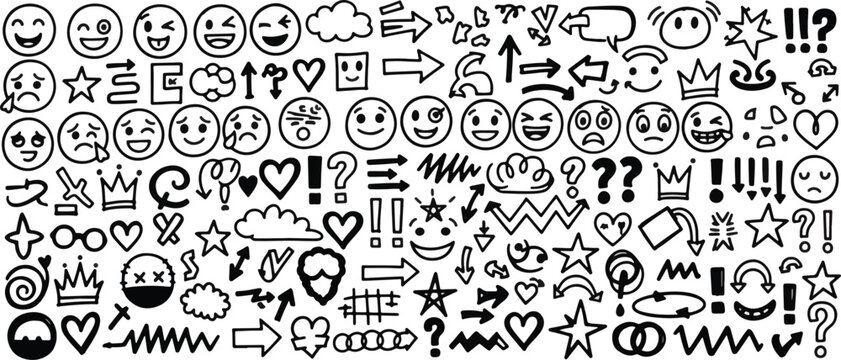 Set of hand drawn doodle elements collection of sketch symbols, arrows, emoticons and shapes