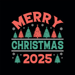 Christmas 2025 greeting with festive trees and snowflakes