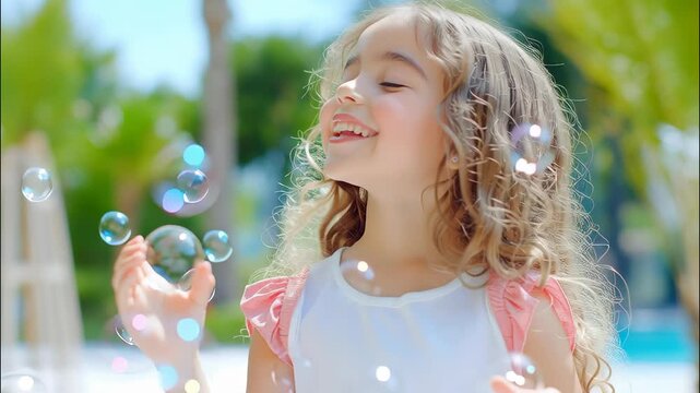 Cheerful child blowing soap bubbles near swimming pool, enjoying sunny tropical vacation video 4k
