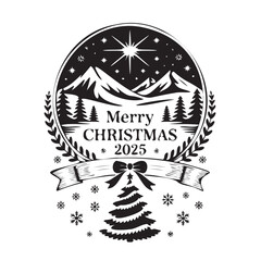 Christmas emblem illustration with mountains, pine trees, a star, and 'Merry Christmas 2025
