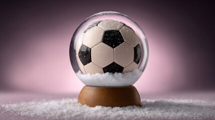 A soccer ball is inside a glass ball with snow on it. The snow is white and the ball is black and white