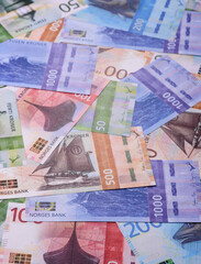 Money, currency of Norway, Norwegian krone banknotes. Norway, Norwegian money