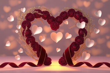 Heart shaped arrangement of red roses and gold accents with floating hearts love valentine