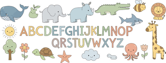 Cute animal alphabet set of cartoon animals and letters for kids education and decoration abc for children