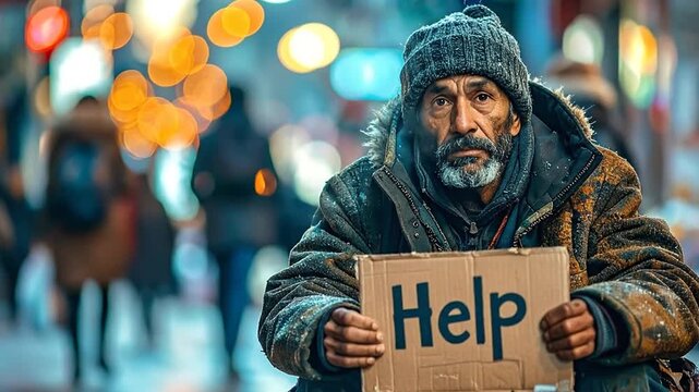 A Homeless Man's Plea for Help A Street Scene Reflecting Social Issues and Poverty Awareness