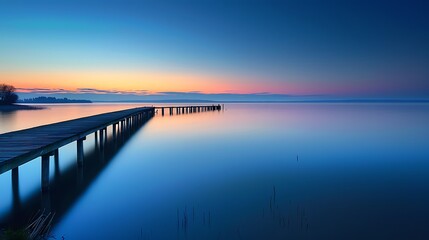 Tranquil Lakeside Sunrise: Wooden Pier Extending into Calm Water Reflecting the Colorful Sky