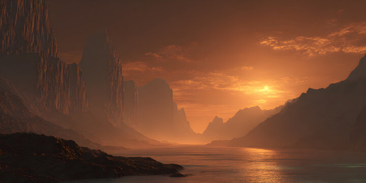 Golden hour sunset casts a warm, hazy glow over a majestic mountain range and tranquil sea, creating a breathtaking and serene natural vista - Powered by Adobe