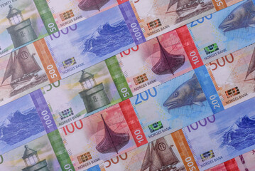 Money, currency of Norway, Norwegian krone banknotes. Norway, Norwegian money