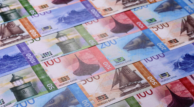 Money, currency of Norway, Norwegian krone banknotes. Norway, Norwegian money