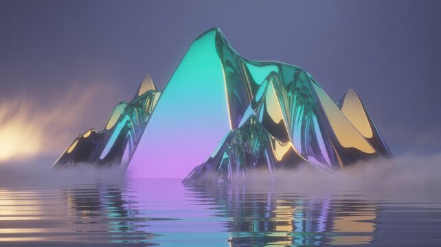 Iridescent crystalline mountain peaks emerge from misty water with purple sky abstract background