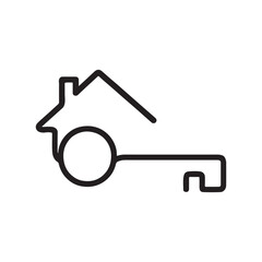 Single continuous line black and white vector drawing of a house and key