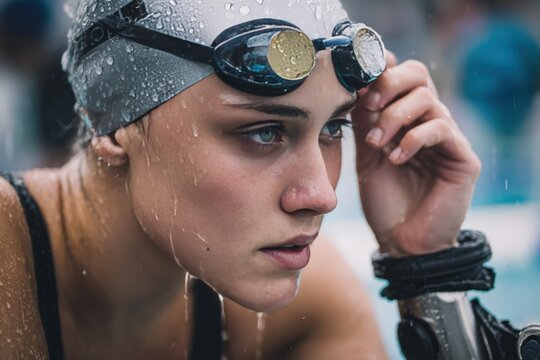 Female para-swimmer adjusting goggles poolside with prosthetic leg
