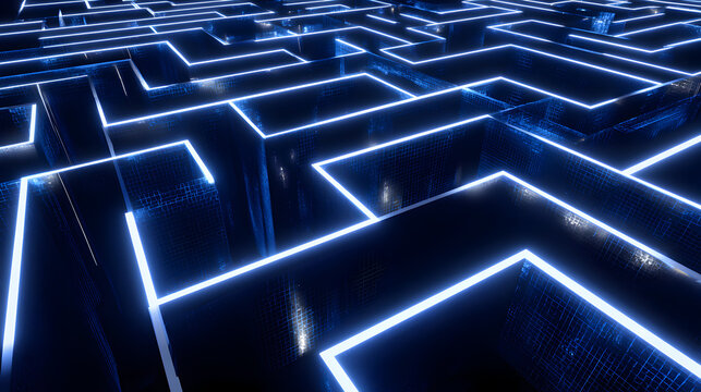 Overhead view of a glowing blue circuit board maze, representing interconnectedness, logic, and the vastness of information
