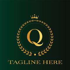 Elegant golden letter q logo with crown and laurel wreath on dark green background