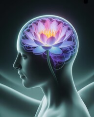 Obraz premium Lotus Flower Blooms Within Human Brain, Symbolizing Enlightenment and Peace