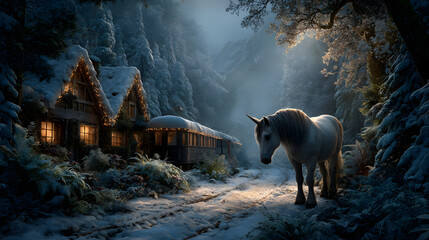 Unicorn Riding a Magical Christmas Train through Snowy Forest – Winter Fantasy Illustration