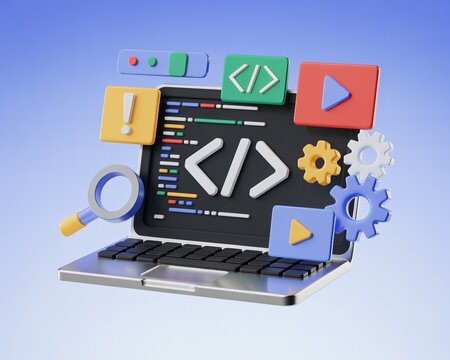 A simplified, vibrant illustration features a laptop with programming code on its screen, surrounded by floating 3D icons like code tags - Powered by Adobe