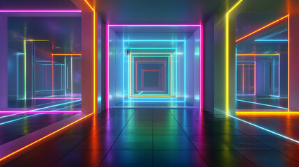 Futuristic neon corridor with glowing geometric shapes and reflections on the floor, creating a sense of depth and endlessness with vibrant blue, pink, and orange lights