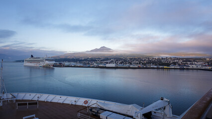 On a peaceful, Eyjafjörður Fjord sailing into Akureyri, misty start to a beautiful day, August 2025 