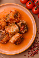 Hake fish cooked in pieces in tomato sauce, stew with peppers and carrots. Hake fish in tomato