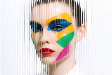 Obraz premium Artistic close-up of a person with bold rainbow eye makeup and soft red lips, seen through a textured filter, creating a modern, creative beauty look.