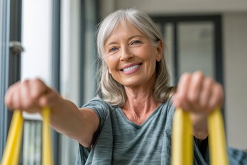 Senior Woman Smiling While Using Resistance Band for Pilates in Therapy Studio