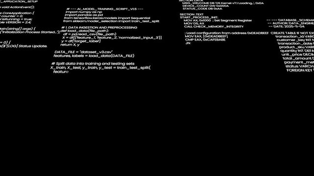 Flowing AI Machine Learning Program Code, Artificial Intelligence and Big Data Digital Background
