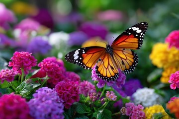 Fototapeta premium Colorful butterfly perches on vibrant flowers in a sunny garden setting