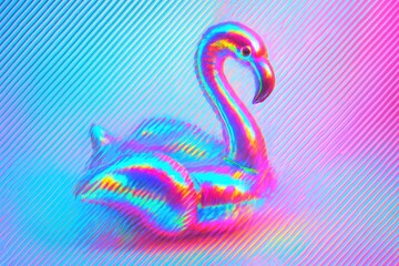 Fototapeta premium A shiny iridescent flamingo float stands on a pastel gradient background, creating a playful, dreamy, and colorful visual perfect for modern creative designs.