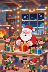 Illustration of Santa Claus in his toy workshop