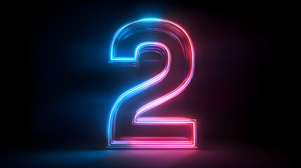 A vibrant, glowing neon number 2 rendered in a futuristic style with a blend of electric blue and pink light against a dark, abstract background