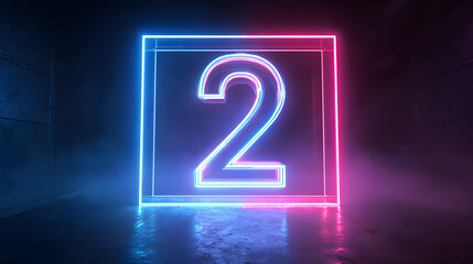 A neon number 2 encased in a glowing square frame, set within a dark, textured concrete environment with dramatic blue and pink lighting effects