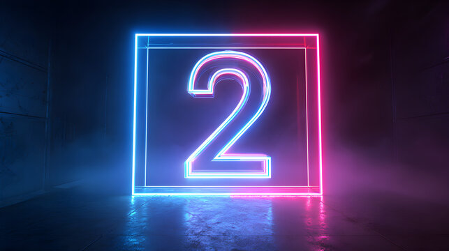A neon number 2 encased in a glowing square frame, set within a dark, textured concrete environment with dramatic blue and pink lighting effects