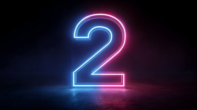 Glowing neon number 2 in blue and pink light against a dark, textured background with reflections on the wet floor, symbolizing digital art and modern design