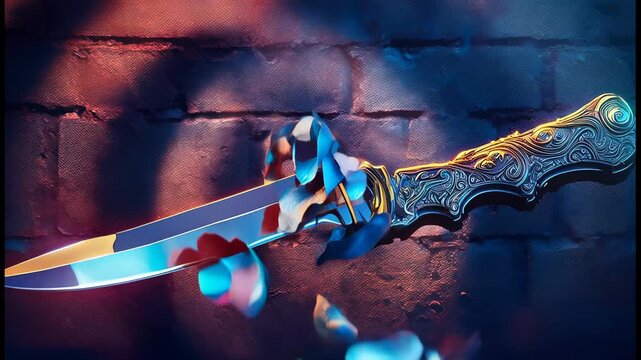 Vibrant, neon-lit rose intersecting with a highly detailed, ornate dagger against a brick wall background, creating a striking contrast between beauty and danger