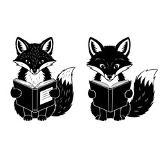 Cute Fox Reading Book Silhouette Illustration Intelligent Animal Learning Design