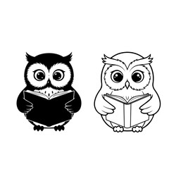 Cute Owl Reading Book Silhouette and Line Art Illustration Wise Animal Education Design
