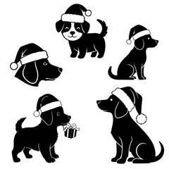 Cute Christmas Dog Silhouette Set Puppies with Santa Hats Holiday Illustration
