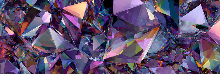 Abstract arrangement of sharp, geometric crystal shards with a prismatic effect, displaying a spectrum of purple, blue, and pink hues, suggesting a modern, artistic composition