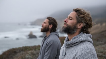 Fototapeta premium Two caucasian adult males meditating outdoors by the ocean in peaceful coastal setting. Yoga Awareness Month